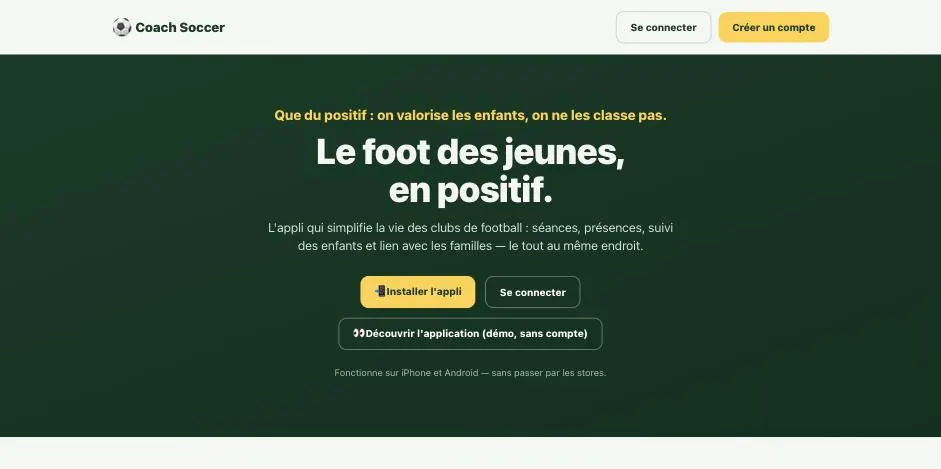Page d'accueil de l'application Coach Soccer