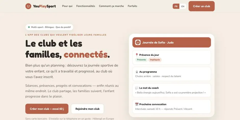 Page d'accueil de l'application YouPlaySport